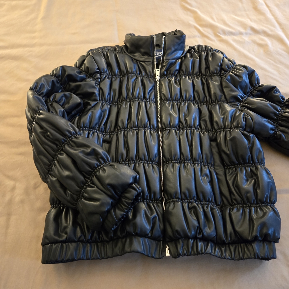 Women's Faux Leather Black Puffer Jacket